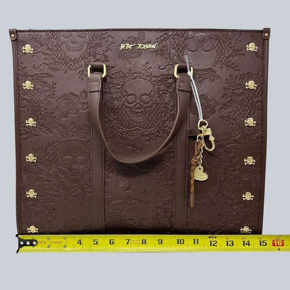 Betsey Johnson Brown Embossed Skull Tote Bag Gold Accents & Detachable Strap - Picture 9 of 12